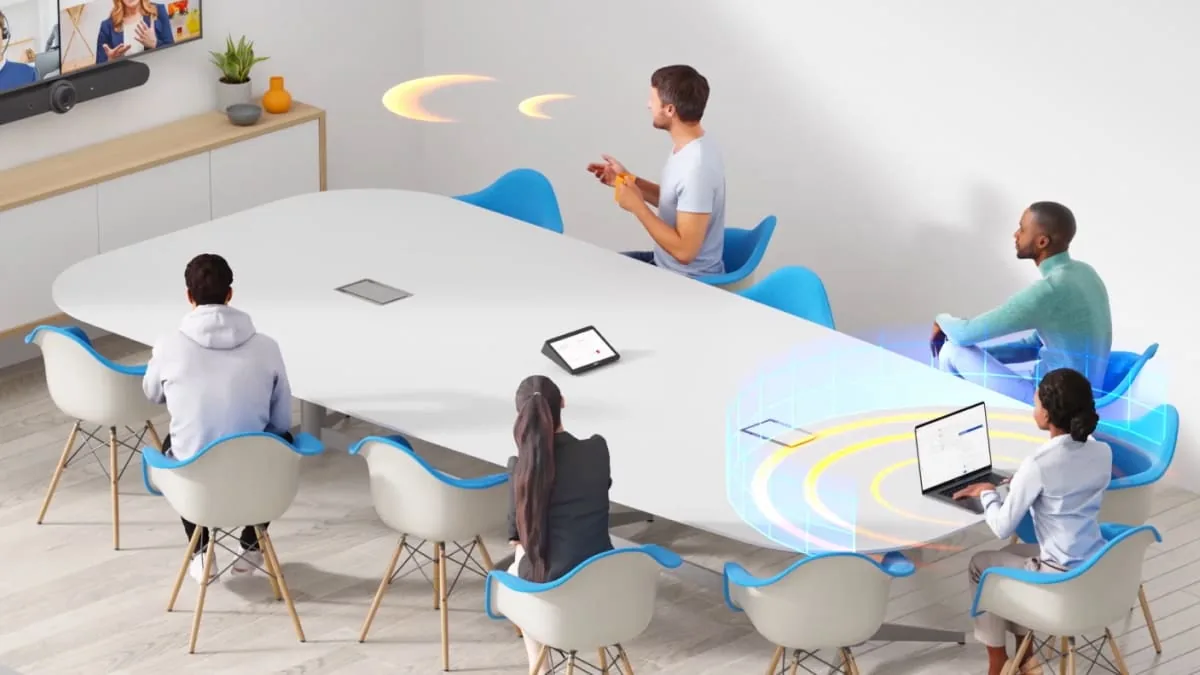 Boardroom showing camera framing and microphone coverage across the table
